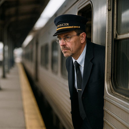 Portrait of a mature man in a suit and a cap on the train station