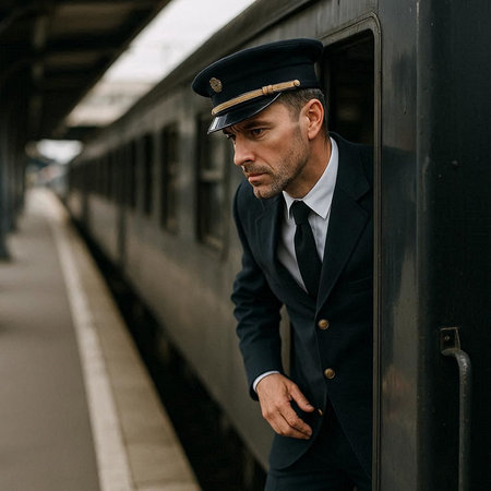 A man in a suit and a cap is waiting for the train.
