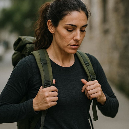 Portrait of a beautiful woman with backpack hiking in the city.