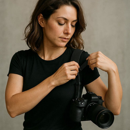 Woman photographer with a camera on a gray background. Portrait of a girl with a camera.