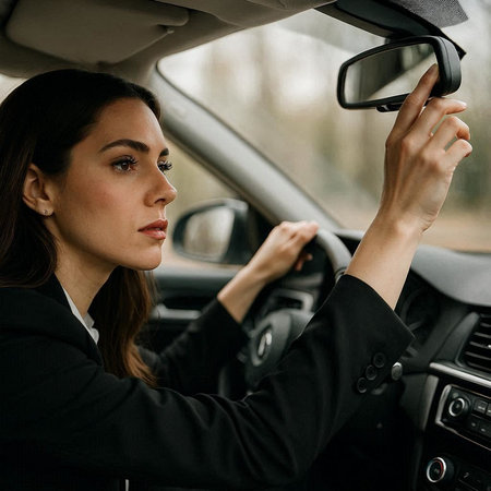 Beautiful young business woman in a black jacket driving a car.