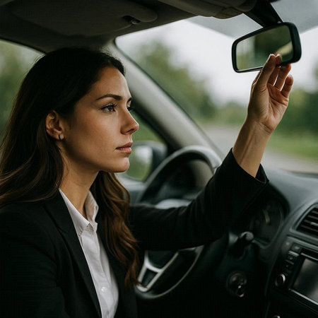 businesswoman looking at rear view mirror while driving car, rear view