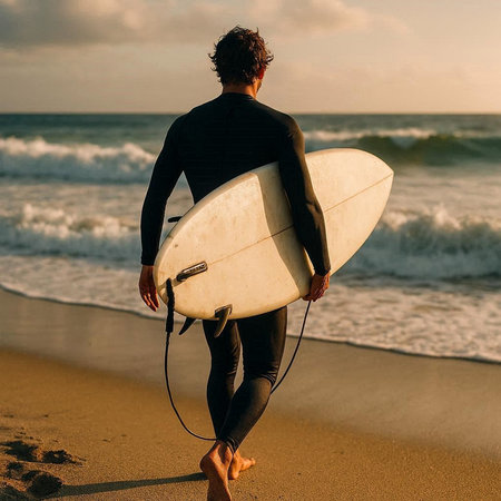 Rear view of a surfer with a surfboard on the beach