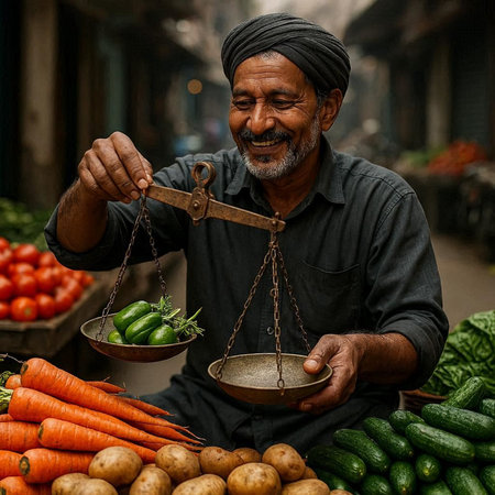 Indian farmer weighing vegetables at the vegetable market in Kolkata, India.