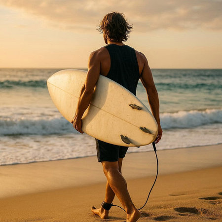 Rear view of a young man standing with his surfboard on the beach at sunset