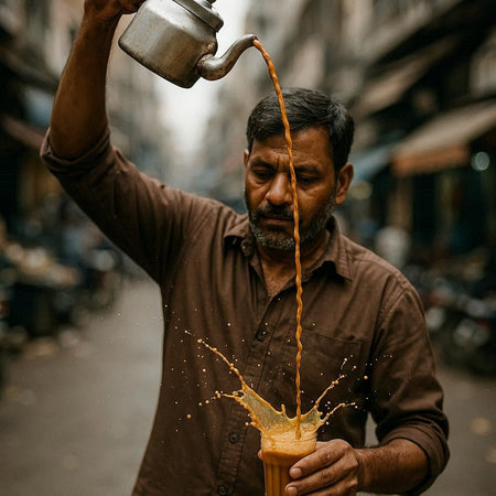 Indian man pouring water from a kettle to his face on the street