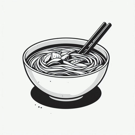 Japanese noodle in a bowl with chopsticks. Vector illustration.