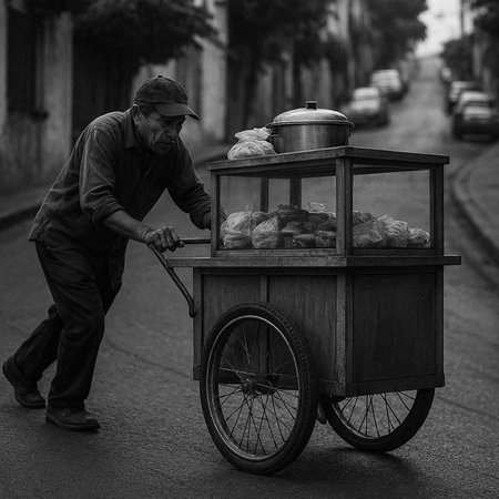 Street vendor with a cart on the street. Black and white photo.