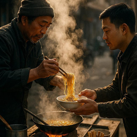 Unidentified Chinese people cooking noodles in the street.