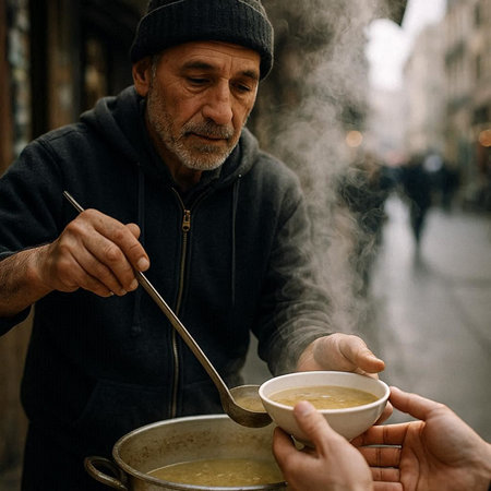 Elderly man with a cup of hot soup in his hands.