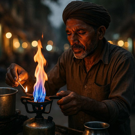 A man lighting a candle on the street in Varanasi, India.