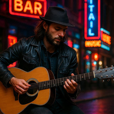 Handsome young man in leather jacket and hat playing acoustic guitar in night city.
