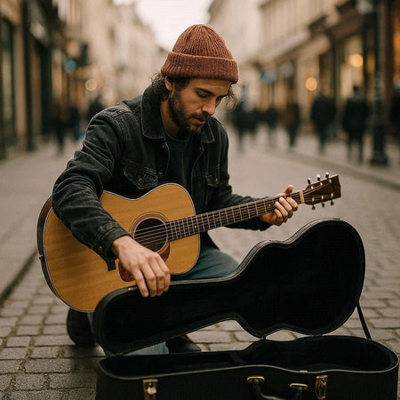 Handsome young man playing acoustic guitar on the street. Urban lifestyle.