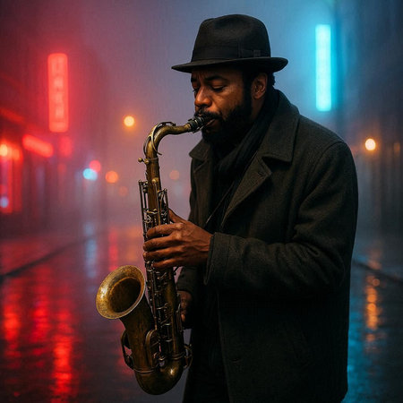 Bearded man playing saxophone on the street in foggy night