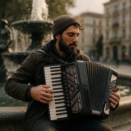 Handsome bearded man playing accordion on the street in Paris.の写真素材