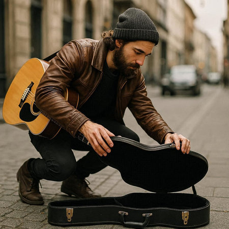 Handsome bearded man in brown leather jacket playing guitar on the street.