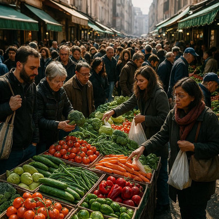 People buying vegetables at the Parisian market