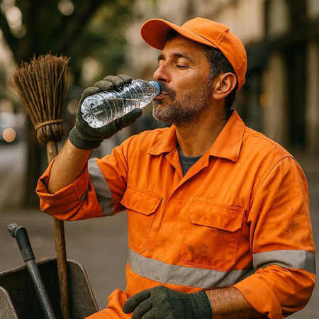 Portrait of a man cleaning the street with a broom and drinking water