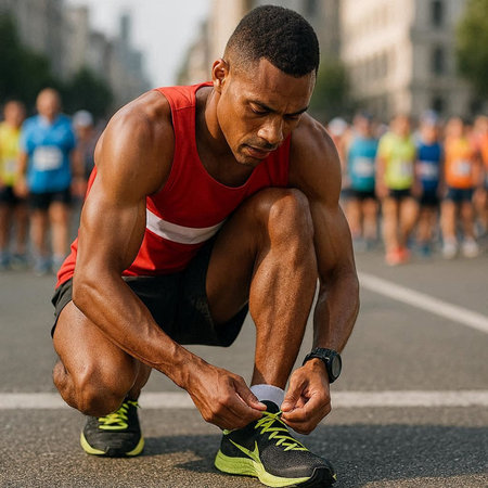 Running athlete tying shoelaces. Close up of young man tying shoelaces while jogging in the city