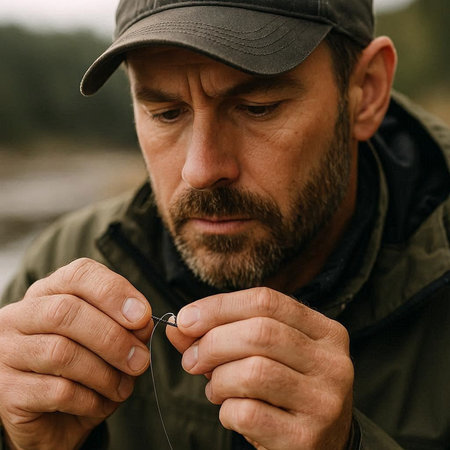 Close-up portrait of a fisherman with a fishing rod in his hands