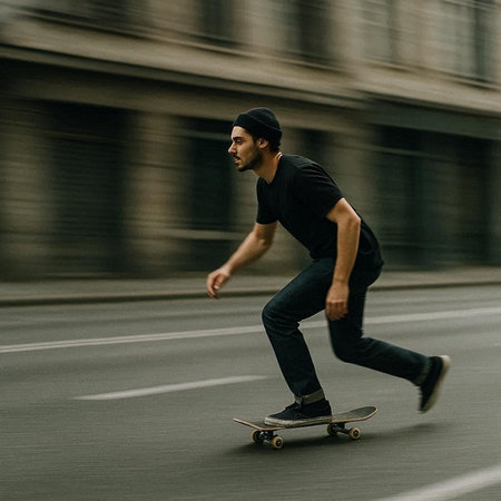 skateboarder riding on longboard in city, motion blur