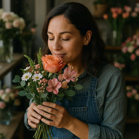 Young woman florist with a bouquet of flowers in her hands