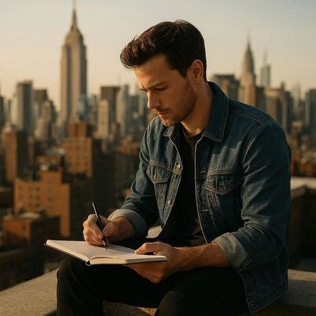 Young man writing in a diary while sitting on a rooftop with New York City view