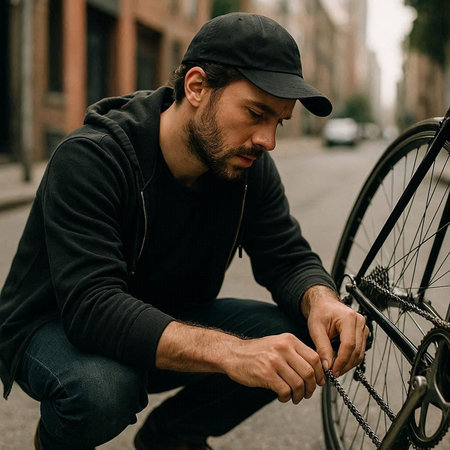 young handsome hipster man fixing his bicycle in the city. bike repair concept
