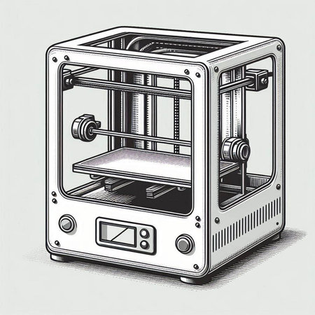 3d printing machine in engraving style. Vector illustration.