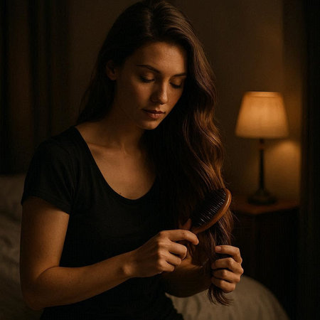 Young beautiful woman combing her long brown hair in dark room.