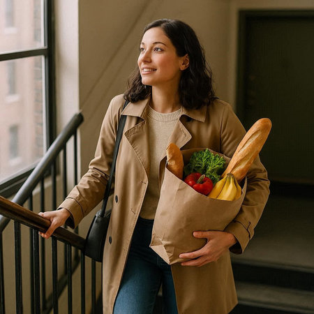 smiling young woman holding paper bag with groceries on stairs at home