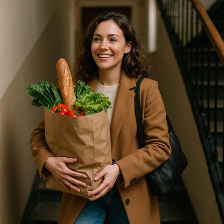 smiling young woman holding paper bag with vegetables on stairs at home