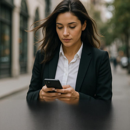 Beautiful businesswoman in black suit using smartphone on the street.