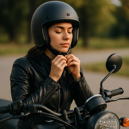 Biker girl in a leather jacket and helmet on a motorcycle.
