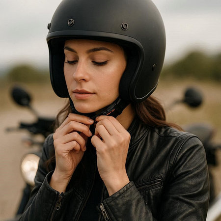 Biker girl in a leather jacket and helmet on a motorcycle.