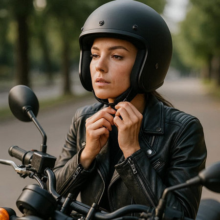 Biker girl in black leather jacket and helmet sitting on motorcycle.
