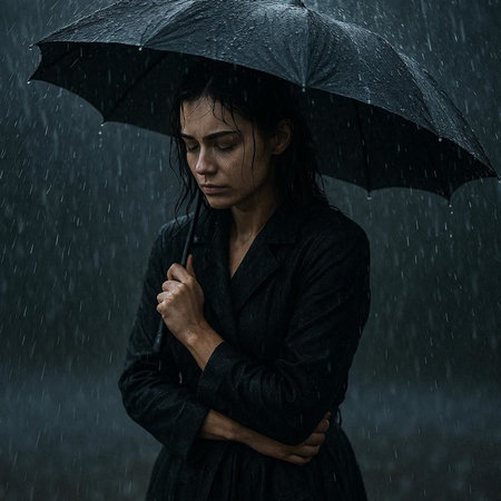 Portrait of young woman with umbrella under rain in the rain.