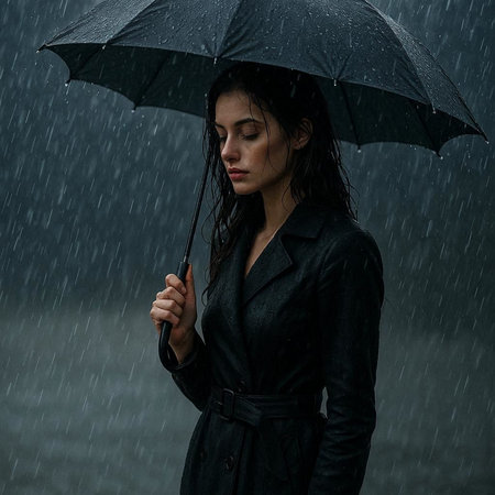 Portrait of a young woman with an umbrella in the rain.