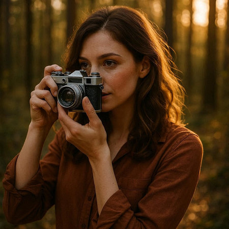 Portrait of beautiful young woman with camera in the autumn forest.
