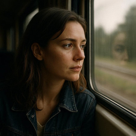 Young woman looking out the window of a train. Portrait of a girl in a train.