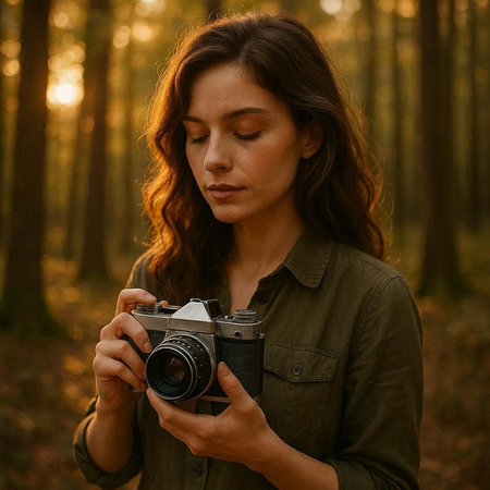 Young woman with camera in the forest at sunset. Travel and adventure concept.