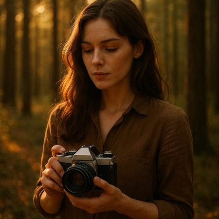 Portrait of a young woman with a camera in the forest.