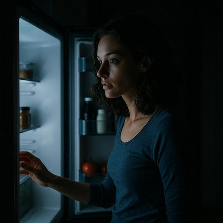 Young woman looking for food in fridge at night in the dark.