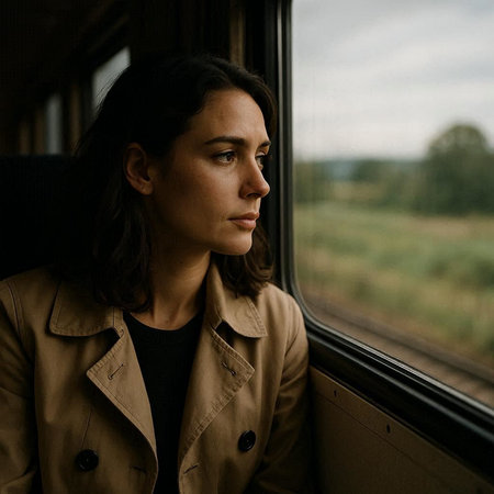 Young woman in brown coat looking out the window of a train.