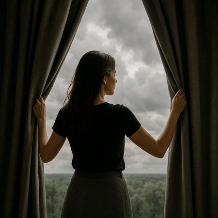 Young woman looking out the window in a dark room with a view of the valley