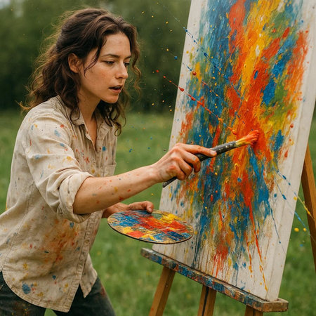 Young beautiful woman artist paints a picture on easel in the field