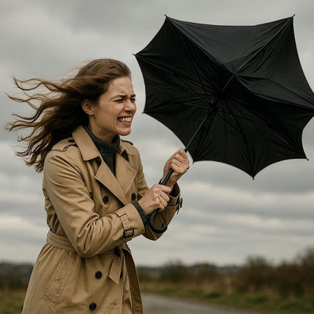 Beautiful young woman in raincoat and umbrella walking in the rain.