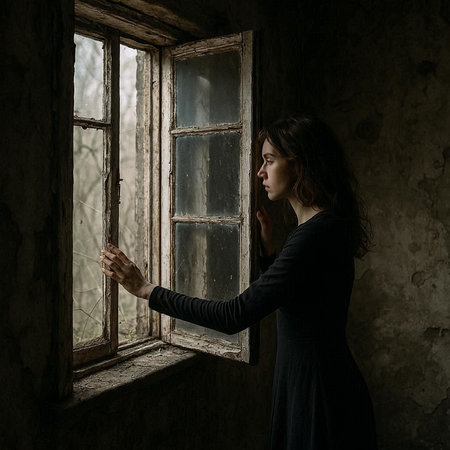 Young woman in a dark dress looking out the window in an abandoned building