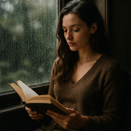 Young woman reading a book by the window. Rainy day.
