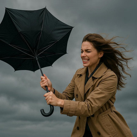 Young woman in trench coat with umbrella on cloudy sky background. Rainy day.